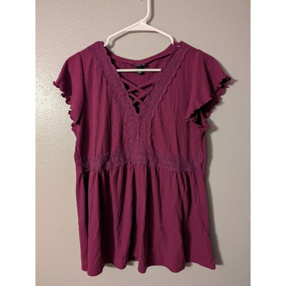 Torrid 00 Purple Lace Trim Peplum Crisscross V-Neck Ribbed Knit Stretch Top - Picture 1 of 6